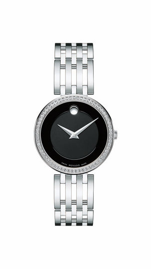 Movado Esperanza Ladies, SS Case w/ 63-Diamond Bezel, Matte Black Dial and SS Bracelet