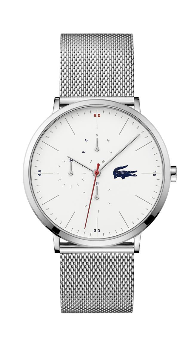 Lacoste Moon ME Gents, SS Case, White Multi-function Dial, Stainless Steel Mesh Bracelet