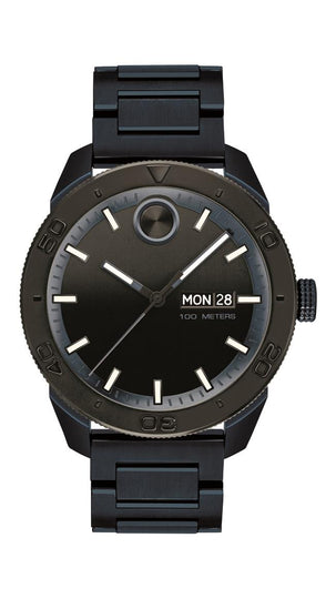 Movado Bold Sport Gents, 43.5 mm Blue Ion-plated SS Case and Bracelet, Black-toned Dial