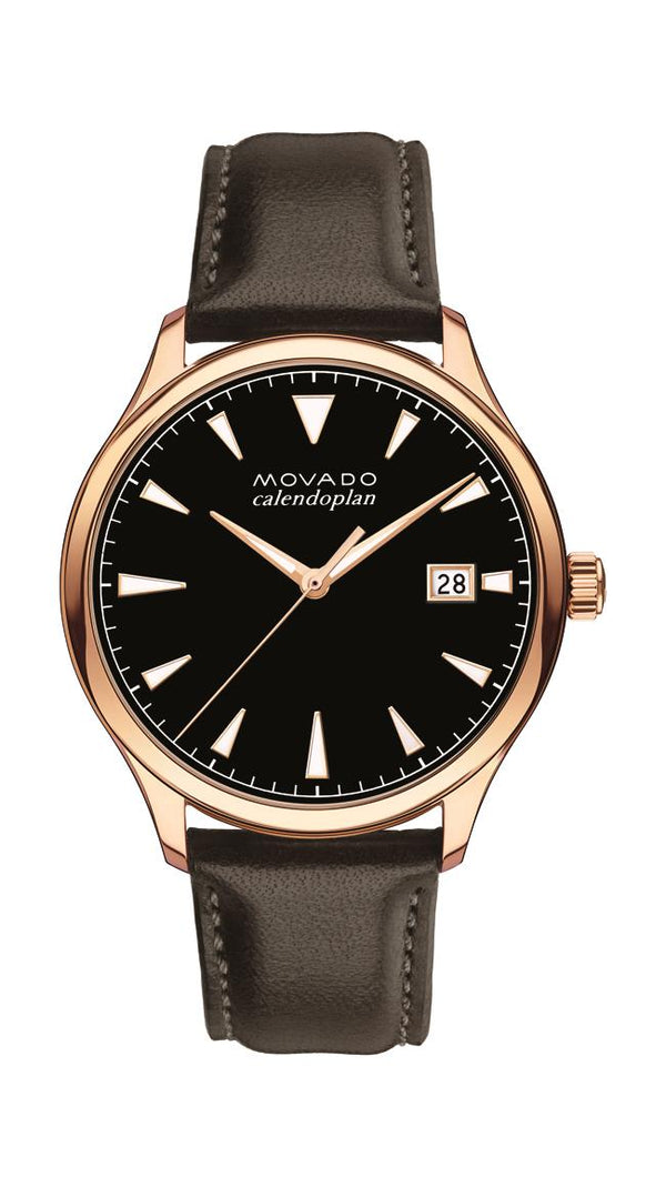 Movado Heritage Mens, Rose Gold Plated Stainless Steel Case, Black Dial, Brown Leather Strap