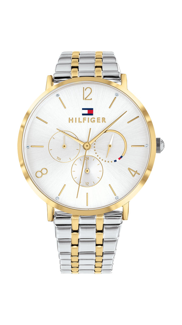 Tommy Hilfiger Ladies, Two-Tone Case, White Sunray Dial w/Crystals, Two-Toned Bracelet