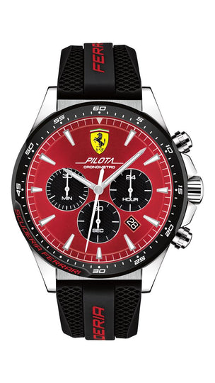 Scuderia Ferrari Pilota Gents, Black IP Bezel, Red Dial, Black Silicone Strap with Red Details