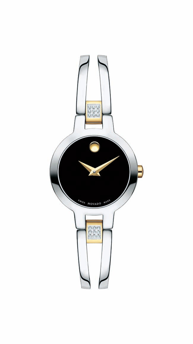 Movado Amorosa Ladies, Two-tone YG/SS Case & Bracelet, Black Dial with Diamonds