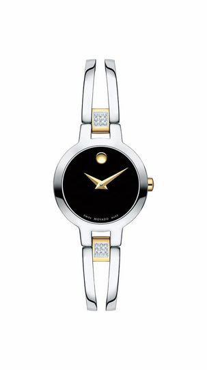 Movado Amorosa Ladies, Two-tone YG/SS Case & Bracelet, Black Dial with Diamonds