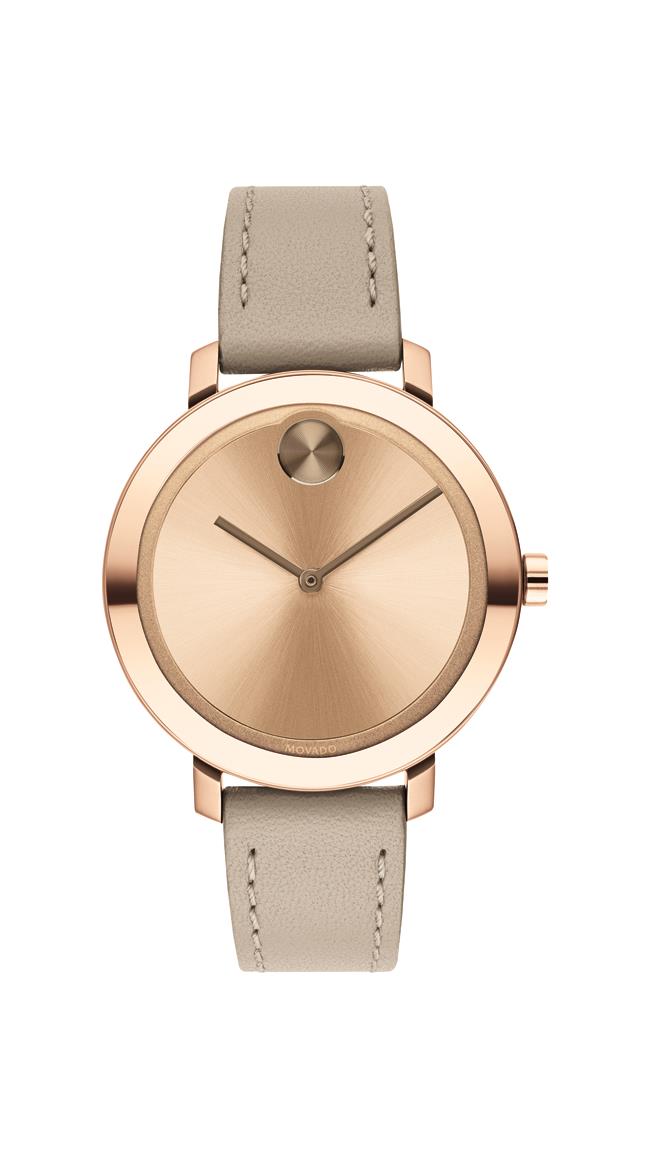 Movado BOLD Ladies, Pale RGIP SS Case with a Beige Leather Strap and an RG Dial