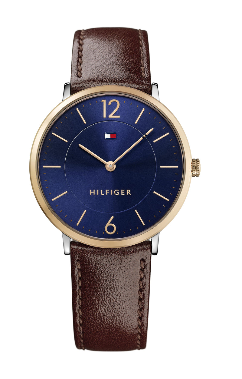 Tommy Hilfiger Gents, Two-Tone Case, Brown Leather Strap, Navy Dial