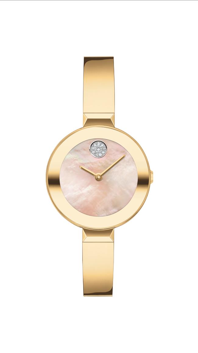 Movado Bold Ladies SS Case, Ionic Light Gold Plated Steel Bracelet, Yellow Mother of Pearl Dial