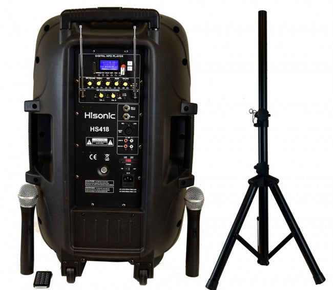 Hisonic Wireless Rechargeable PA System, 2-VHF Wireless Mics, BT, MP3 Player, Tripod and Remote