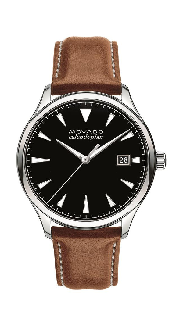 Movado Heritage Mens, Stainless Steel Case, Black Dial, Cognac Leather Strap