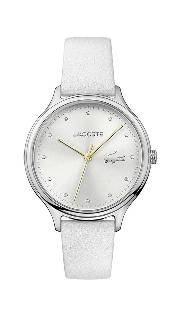 Lacoste Constance Ladies, SS Case, Silver-White Dial, White Pearlized Leather Strap