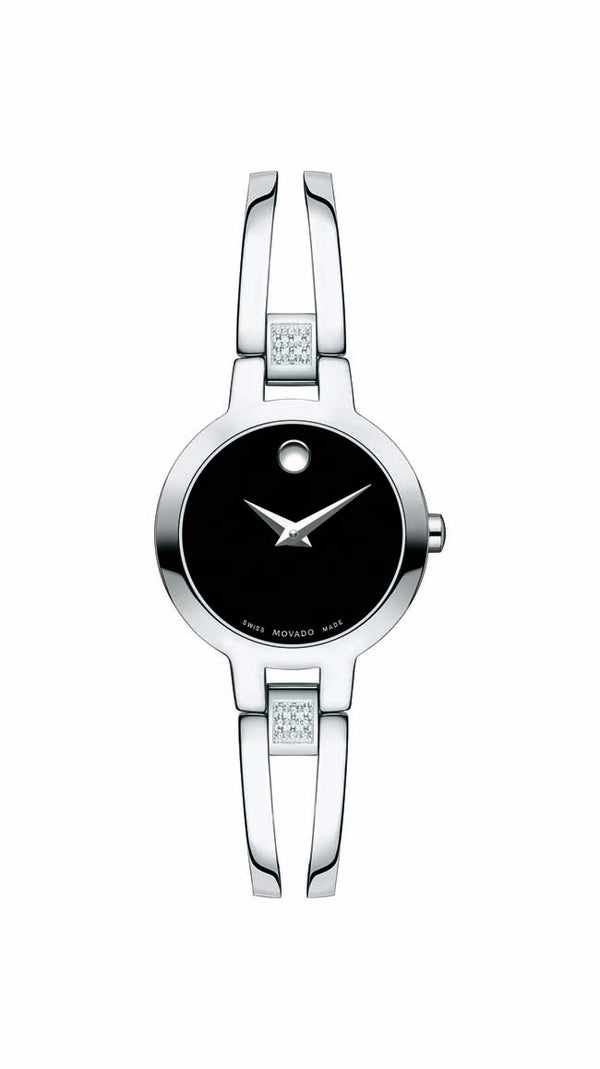 Movado Amorosa Ladies, Stainless Steel Case & Bracelet, Black Dial w/ Diamonds