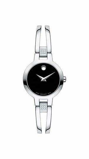 Movado Amorosa Ladies, Stainless Steel Case & Bracelet, Black Dial w/ Diamonds