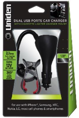 Uniden Dual USB Ports Car Charger with Cigarette Lighter Charger Mount