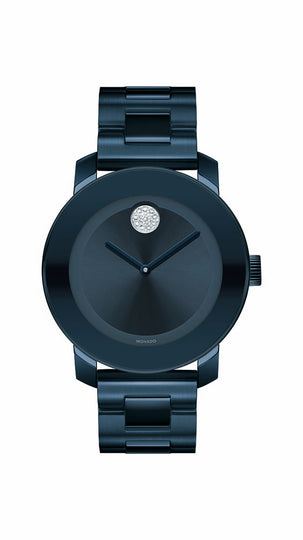 Movado Bold Ladies, Ion Plated Blue Steel Case & Bracelet, Ink Blue Sunray Dial W/Crystal Dot