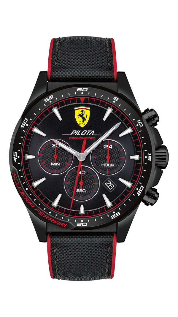 Scuderia Ferrari Pilota Gents, Black IP Case, Black Dial, Black Nylon Strap with Red Details
