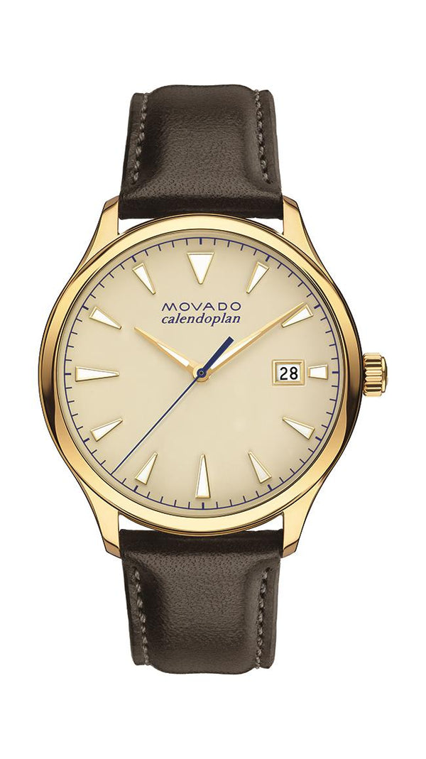 Movado Heritage Mens, Yellow Gold Plated Stainless Steel Case, Parchment Dial, Brown Leather Strap
