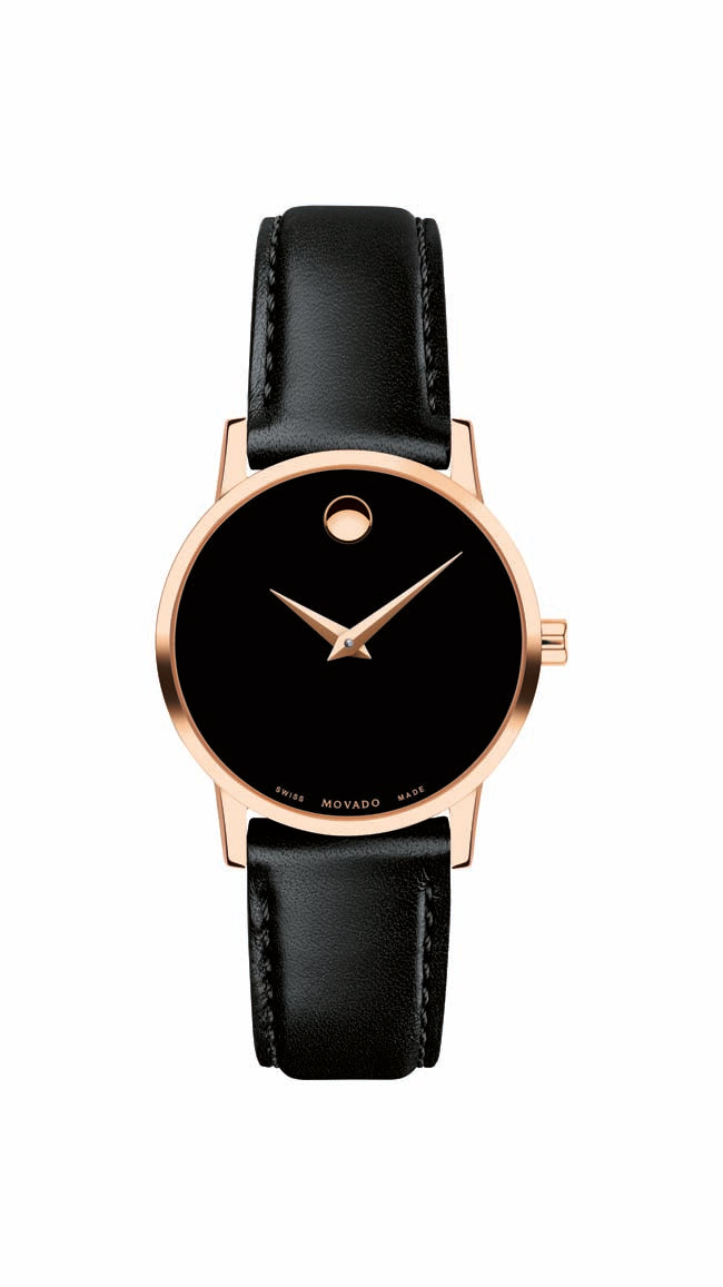 Movado Classic Museum Ladies, Rose-Gold PVD Case, Black Dial, Black Calfskin Strap