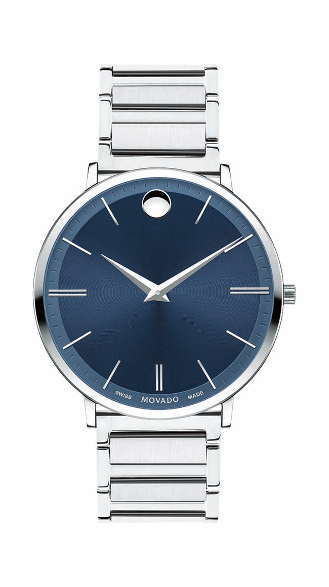 Movado Ultra Slim Gents, Stainless Steel Case & Bracelet w/ Blue Dial