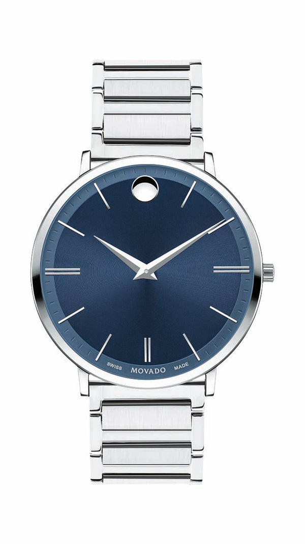 Movado Ultra Slim Gents, Stainless Steel Case & Bracelet w/ Blue Dial