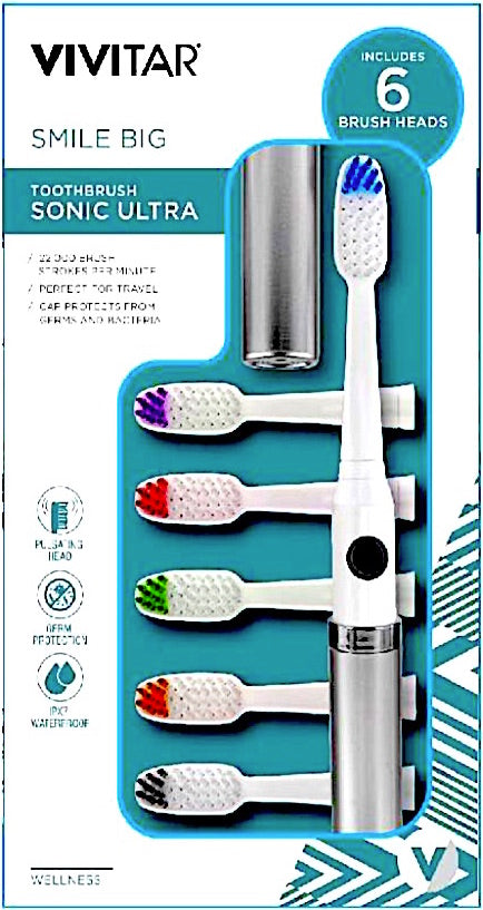 Vivitar Sonic Travel Toothbrush with 6 Brush Heads
