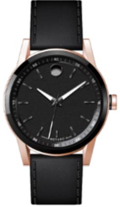 Movado Museum Sport Gents, Rose Gold Case, Black Leather Strap, Black Dial