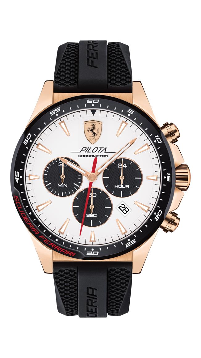 Scuderia Ferrari Pilota Gents, Rose Gold Case, White Dial, Black Silicone Strap