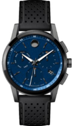 Movado Museum Sport Gents, Gunmetal PVD Case, Black Perforated Leather Strap, Black Dial
