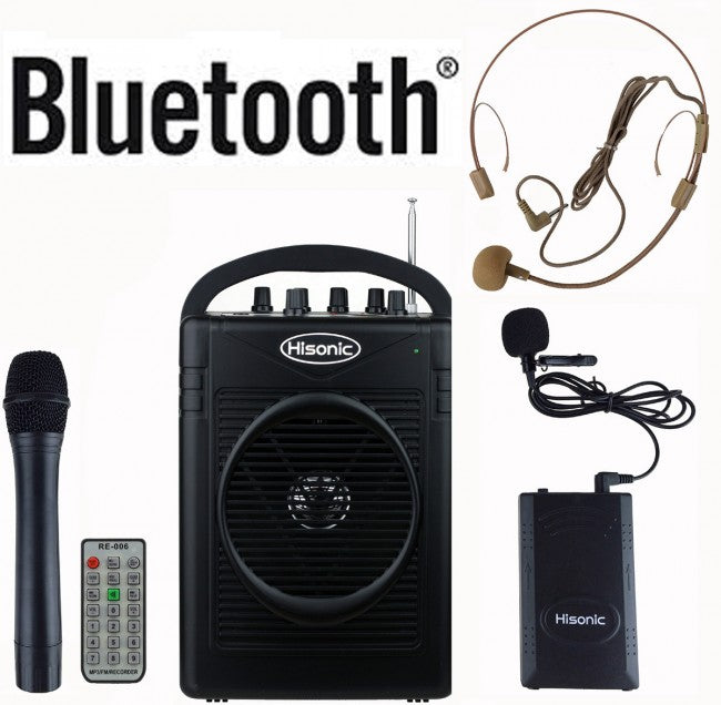 Hisonic Dual Wireless Microphone Recharg PA System-Bluetooth Wireless Mic, Headset Boom Mic, Amp/ Speaker