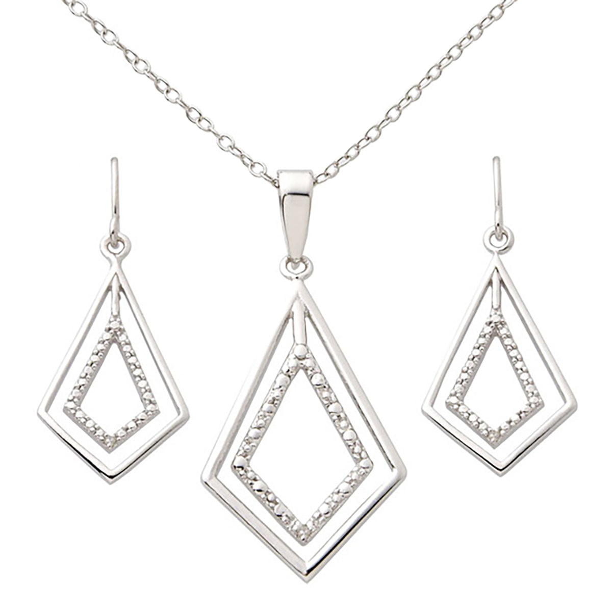 Geometric Sterling Silver and Diamond Earring and Necklace Set