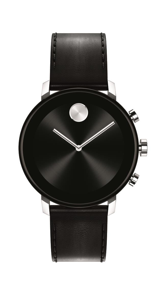 Movado Connect 2.0 Smartwatch, Unisex, Stainless Steel Case, Black Leather Strap