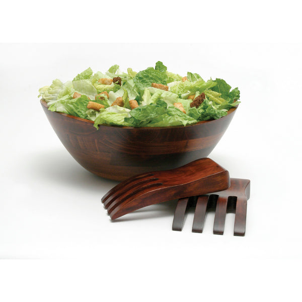 Large Wavy Rim Bowl With Salad Hands Cherry Finish