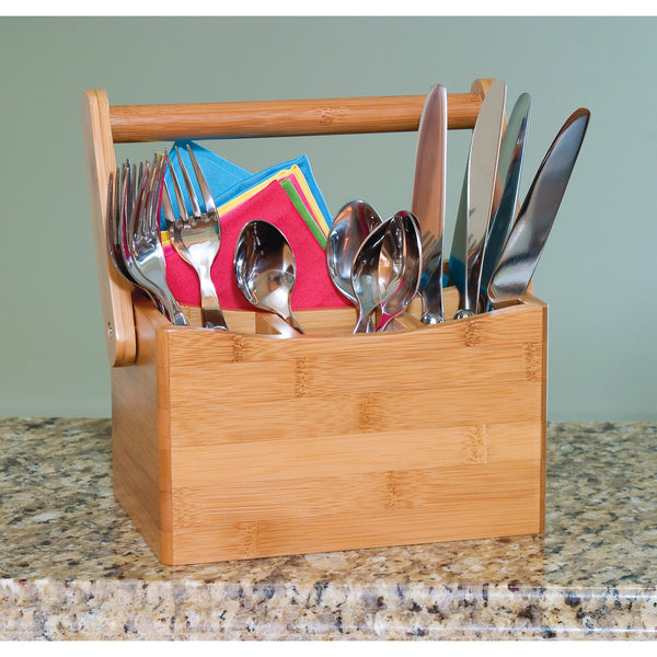 Bamboo Flatware Caddy with Folding Handle
