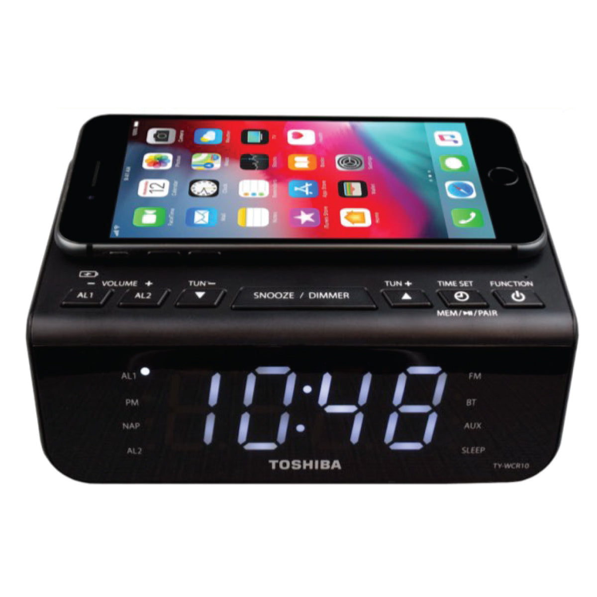 Toshiba Bluetooth Speaker with Qi Charging Clock/Radio/Dual Alarm